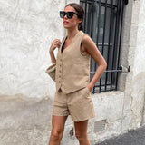 Sommer Casual Büro Weste Khaki V-Ausschnitt ärmellose Shorts Set für Frauen