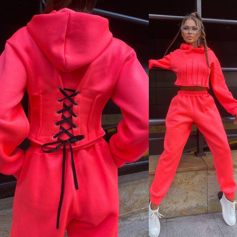 Hoodie Set Women Fall Winter Cinched Hoodie Sweater Casual Jogger Pants Two Piece Set