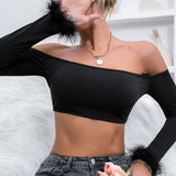 Low Cut Sexy Drop Shoulder Sleeve Sexy Stitching Feather Solid Color Long-Sleeved Top Women