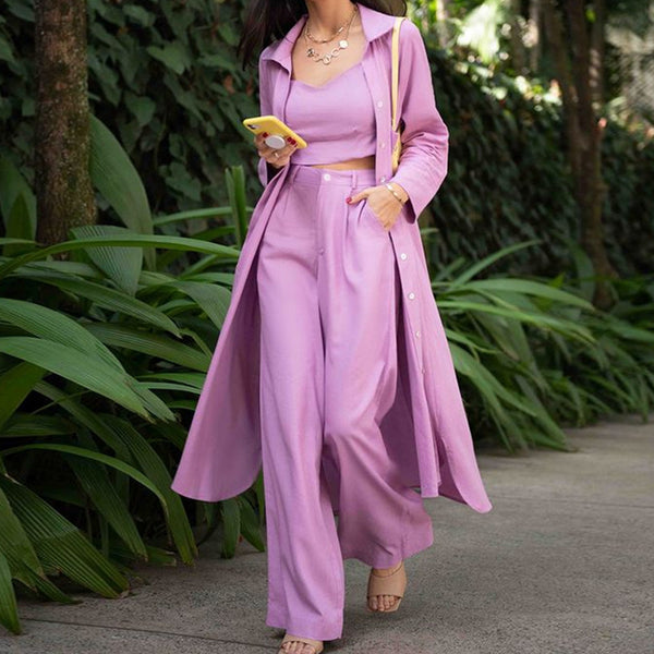 Fall Casual Trench Coat Wide Leg Pants Women Clothing Three-Piece Suit