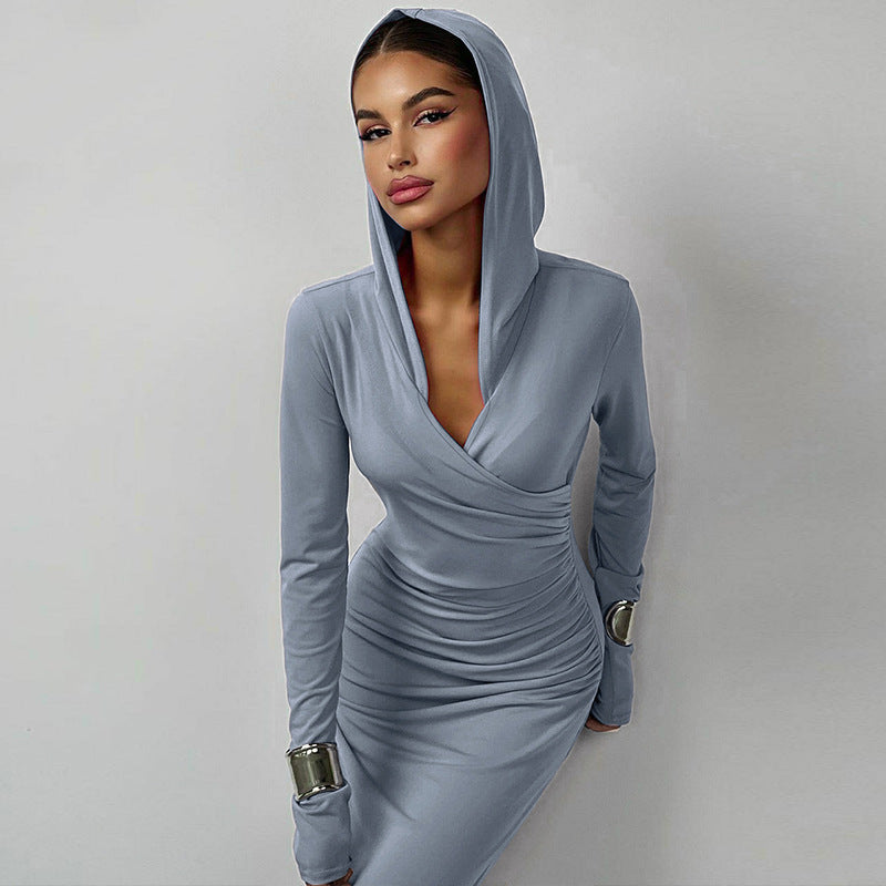 Women Clothing Winter Slim Fit Hood Sports Casual Solid Color Dress