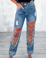 Early Spring Big Ripped Jeans Women Chain Ornaments Straight Leg Pants - Angelique