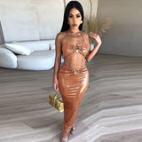 Metallic Coated Fabric Women Clothing Summer Sexy Cutout Slim Strap Dress Women Dress