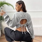 Autumn High Waist Leaking Cropped Drawstring Waist Tight Sweater Outer Wear Short Oversized Loose Long Sleeve T shirt for Women