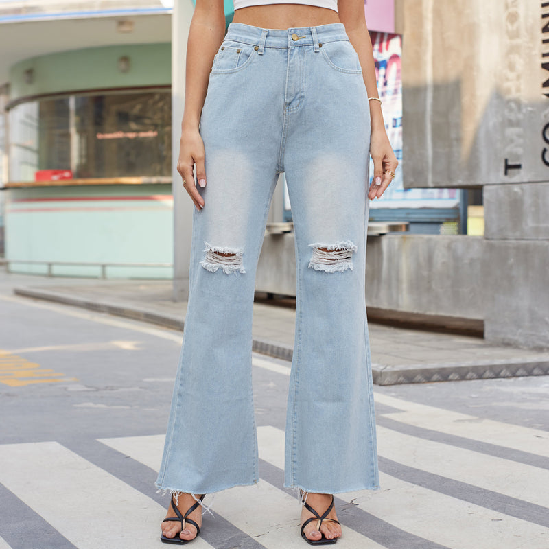 Denim-Hose mit weitem Bein, zerrissene Röhrenjeans für Damen