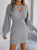 Autumn Winter Solid Color Twist Hollow Out Cutout out Lantern Sleeve Package Hip Sweater Dress Women Clothing