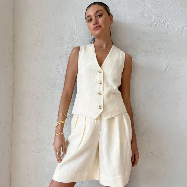 Beige Cotton Linen Sleeveless Vest Waistcoat Suit Summer Loose Breathable Women Clothing Two Piece Suit