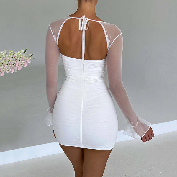 Sexy Tight Dress Autumn Winter Fashionable See through Long Sleeve Backless Hip Dress