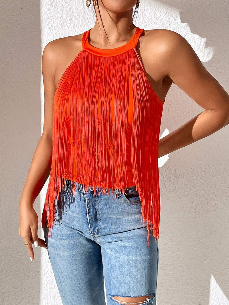 Women Solid Color Sleeveless Halter Tops Ladies Tassel Beach Swimsuit - Angelique