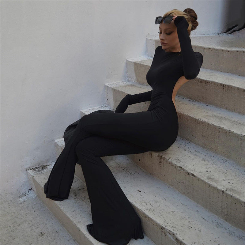 round Neck Long Sleeve Jumpsuit Slim Fit Backless Outer Wear Base One Piece Trousers Hip Raise High Waist Bell Bottom Pants Women