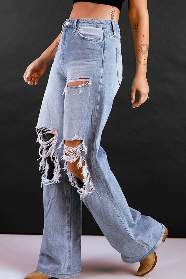 Women Loose Retro High Waist Ripped Wide Legged Jeans