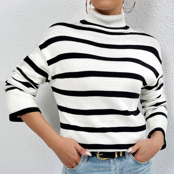 Contrast Color Striped Sweater Women Fall Winter Slim Inner Knitted Top High Collar Bottoming Sweater