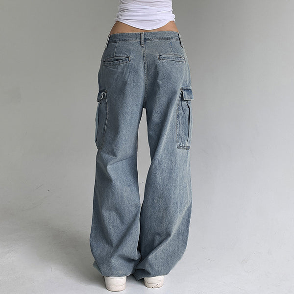 Street Pleated Low Waist Washed Worn Jeans Solid Color Flanging Pocket Straight All Matching Overalls Trousers