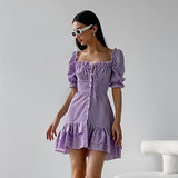 Summer French Purple Pattern Square Collar Puff Sleeve Dress Women High Waist A line Tiered Dress