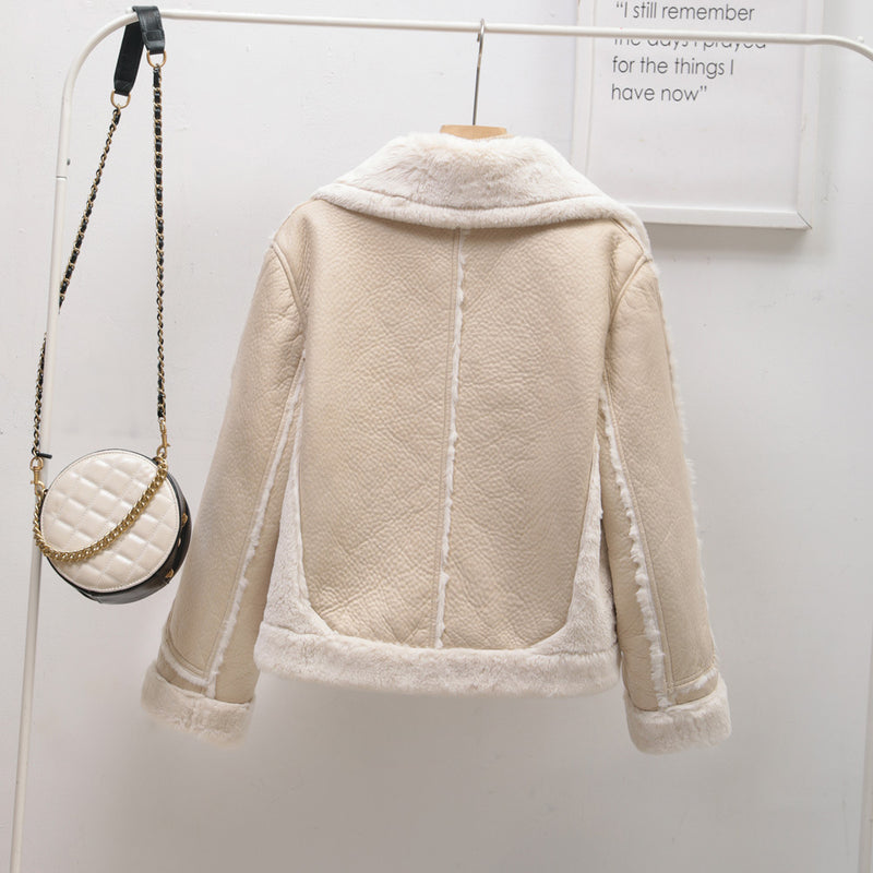 Große Faux Shearling Jacke mit Kragen, lockerer Ledermantel für Damen, einreihiger, warmer Winter-Lederjackenmantel