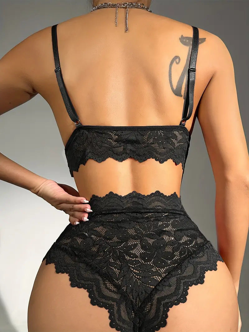 See through Sexy Underwear Mesh Lace Knot Lace Seduction Pajamas Suit