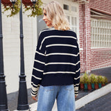 Autumn Winter Women Patchwork Stripes Sweater Collared Loose Knitwear Women