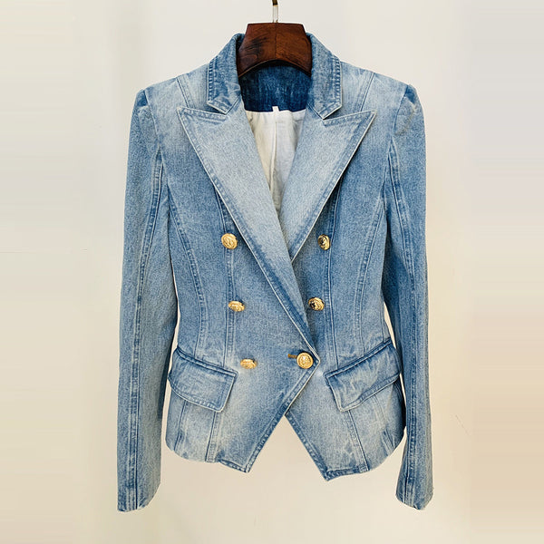 Stars Slim Double Breasted Lion Button Denim Blazer - Angelique