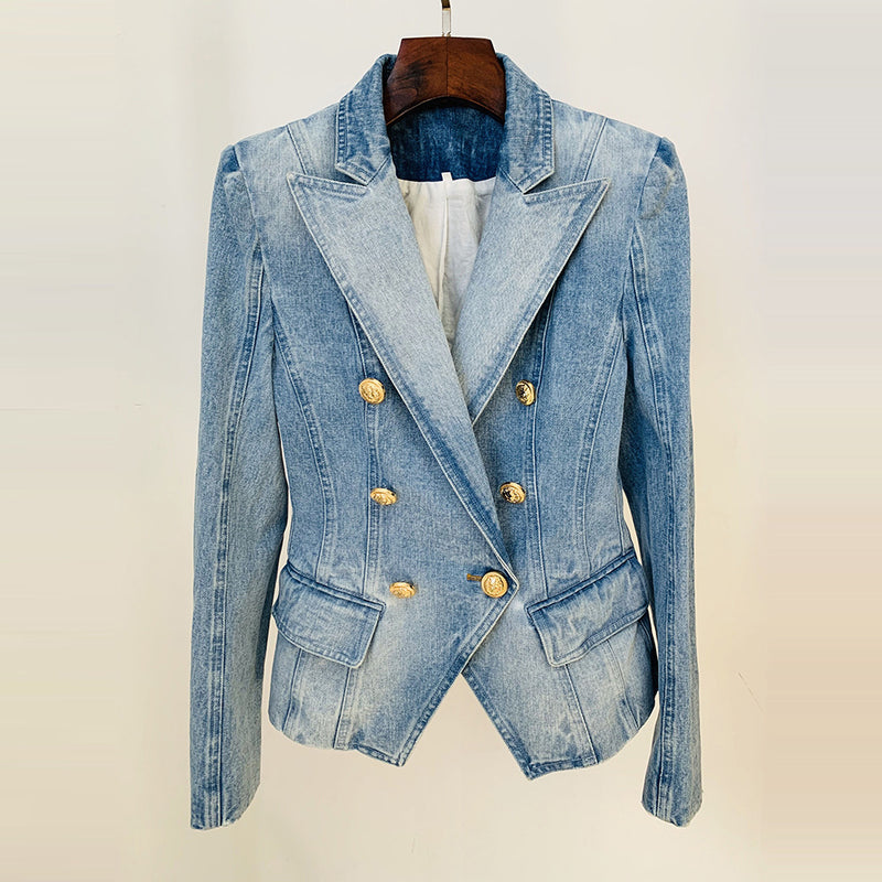 Stars Slim Double Breasted Lion Button Denim Blazer - Angelique