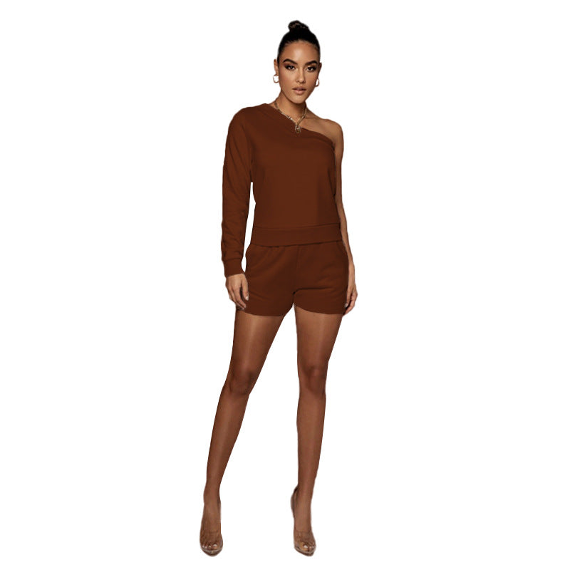 Urban Casual Solid Color Pullover Off-the-Shoulder-Shorts Damen Fleece gefüttert Slim Fit Langarm-Pullover-Set