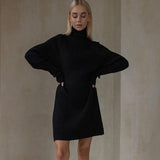 Long Sleeve High Collar Sweater Dress Women Casual Loose Thick Sunken Stripe Solid Color Sheath Autumn Winter Knitting Dress