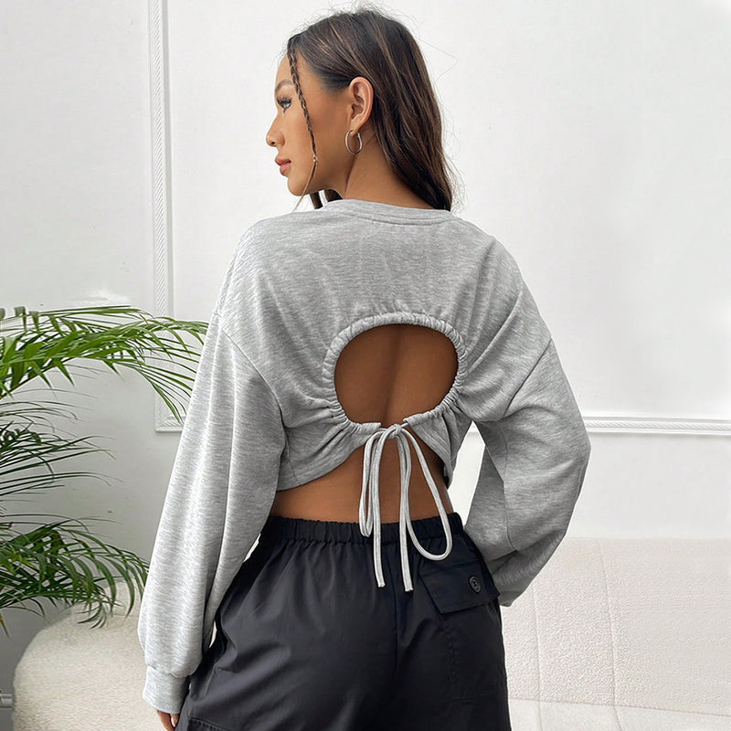 Autumn High Waist Leaking Cropped Drawstring Waist Tight Sweater Outer Wear Short Oversized Loose Long Sleeve T shirt for Women