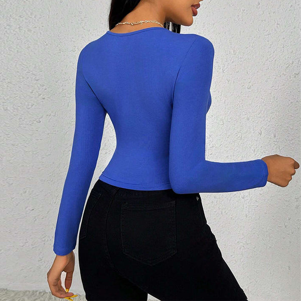 Autumn Winter Women Slim Fit Short Square Collar Solid Color Long Sleeved T shirt Top