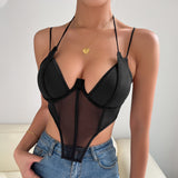 Summer Sexy Mesh Boning Corset Splicing Sling Lace up Irregular Asymmetric with Personality Vest Top