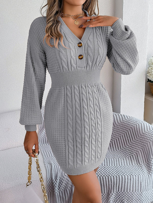 Fall Winter Button V Neck Twist Lantern Sleeve Package Hip Sweater Dress Women Clothing