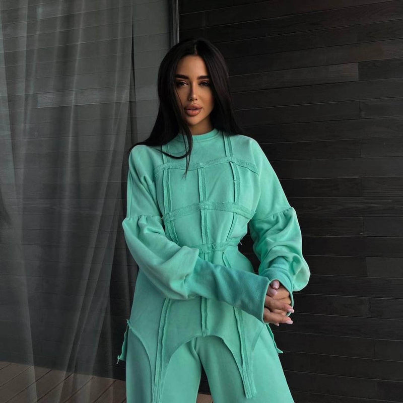 Solid Color Hoodie sets Round Neck Pullover Top Split Straight Pants Casual Two Piece sets