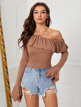 Women Clothing Autumn Winter Ruffled Long Sleeved T shirt Skinny Short Fitted Waist Bottoming Shirt Top