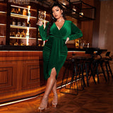 Plus Size Women Clothes Autumn Winter Sexy V Neck Slim Fit Sheath Velvet Party Dress