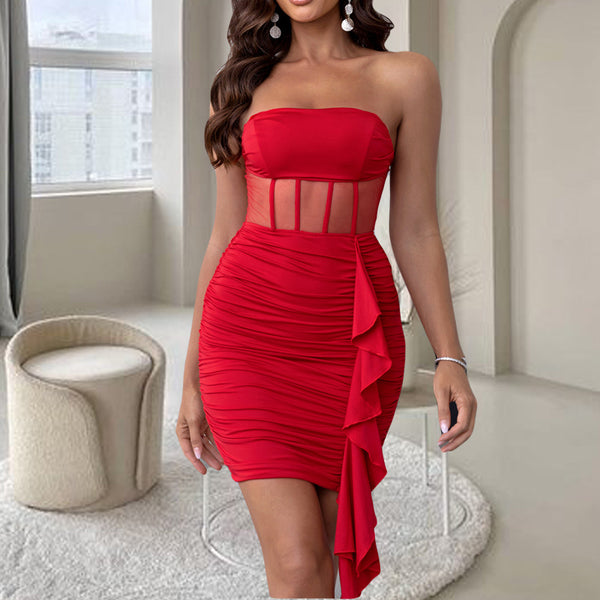 Party Dress Slim Fit Sexy Tube Top Dress Mesh Stitching Sheath Dress