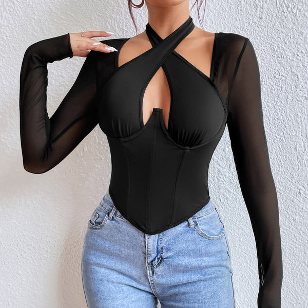 Sexy Neckholder-Top mit tiefem Ausschnitt und durchsichtigem, langärmligem T-Shirt mit Stahlring und Korsett-Taille