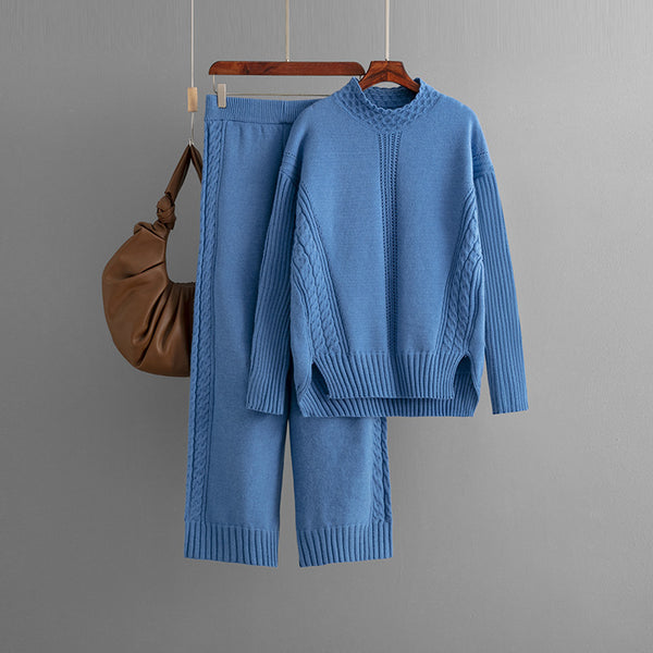 Suit Women Autumn Winter Casual Solid Color Loose Knitted Mock Neck Sweater Two Piece Set