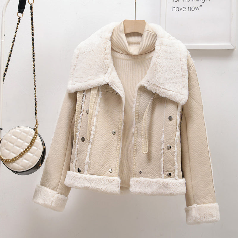 Große Faux Shearling Jacke mit Kragen, lockerer Ledermantel für Damen, einreihiger, warmer Winter-Lederjackenmantel