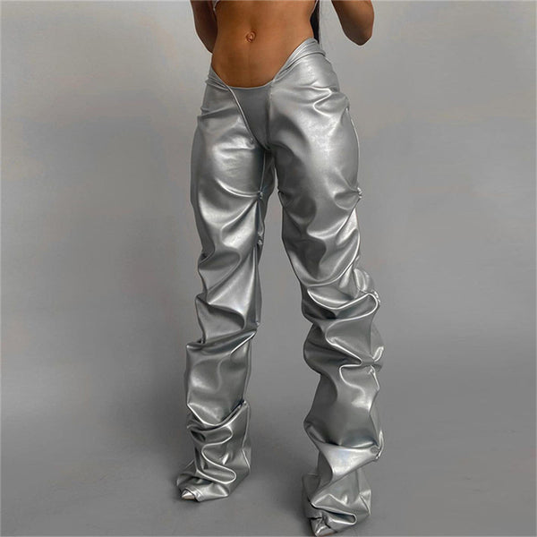 Metallic Coated Fabric Fall Women Clothing Pleated Poly Urethane Leather Sexy Low Waist Street Straight Casual Trousers