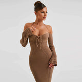 Women Clothing Autumn Sexy Backless Lace up Slim Hollow Out Cutout Long Sleeve Dress