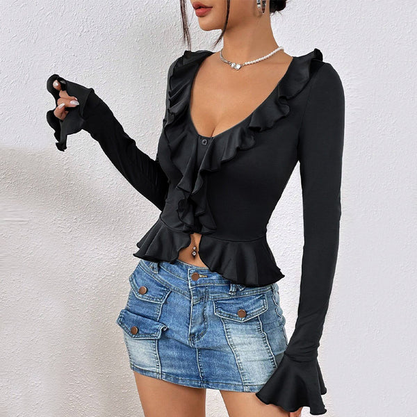 Women Clothing Autumn Winter Slim Fit Ruffled Short-Sleeved T shirt Top