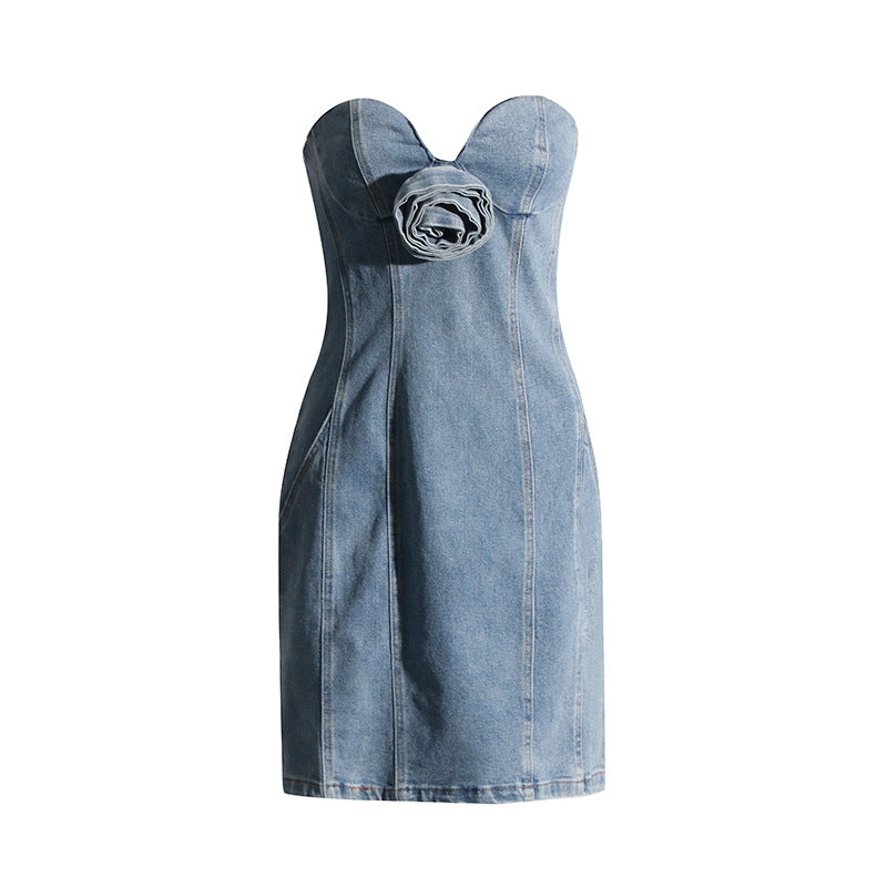 Sommer Sexy Denim Tube Top Blumenkleid Jeanskleid Enge Taille Schlank Sexy Hüfte für Frauen