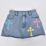 Women Clothing Spring Summer Denim Tassel Criss Cross Stitch Floral Skirt