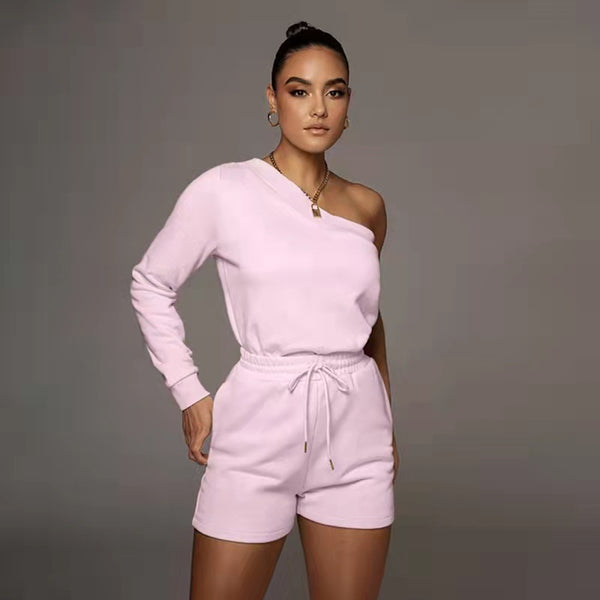 Urban Casual Solid Color Pullover Off-the-Shoulder-Shorts Damen Fleece gefüttert Slim Fit Langarm-Pullover-Set