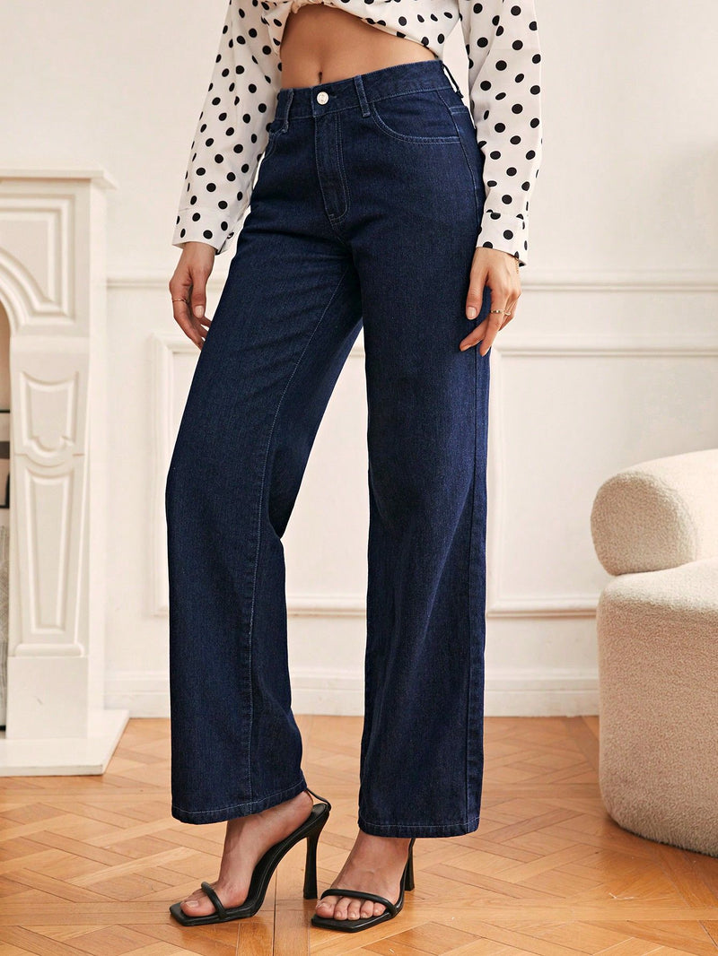 Women Clothing Fashionable Retro Casual High Waist Straight Leg Denim Trousers