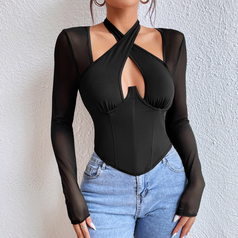 Sexy Neckholder-Top mit tiefem Ausschnitt und durchsichtigem, langärmligem T-Shirt mit Stahlring und Korsett-Taille